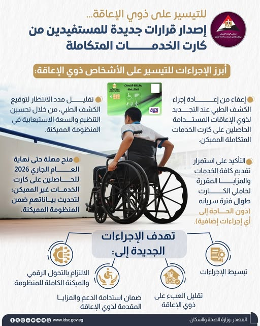 تُظهر الصورة شخصًا يستخدم كرسيًا متحركًا وهو متجه نحو ماكينة لاستخراج كارت الخدمات المتكاملة.